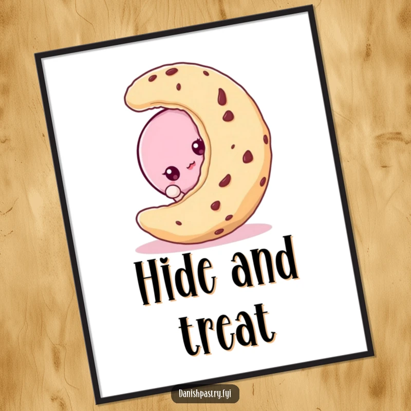 Funny macaroon character peeking from behind a cookie, as a curious and hilarious dessert art print.