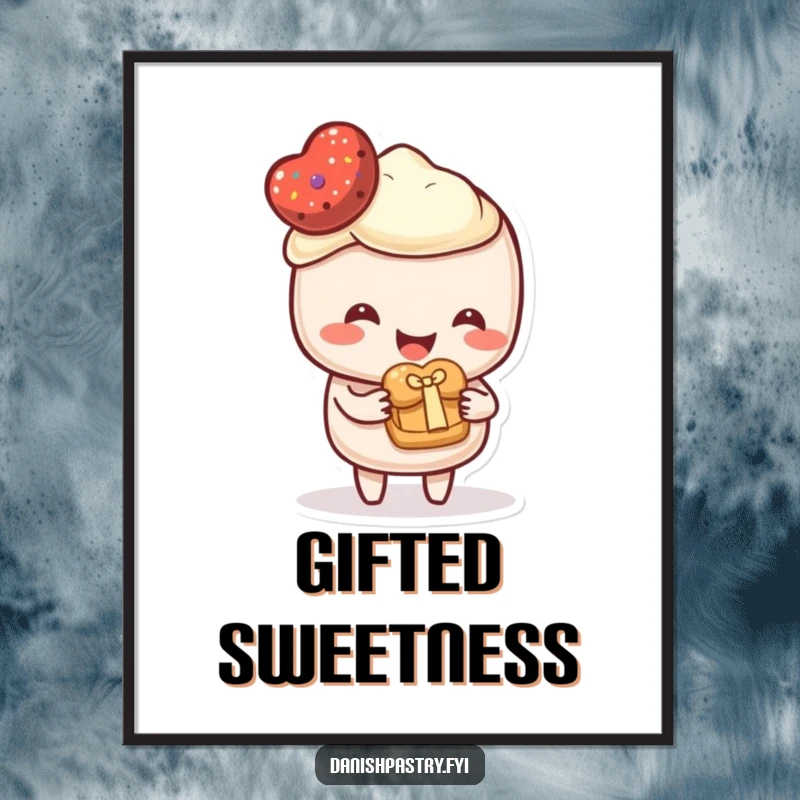 Funny Digital Art Print of a happy pastry character offering a miniature pastry as a gift. High-resolution, heartwarming, and humorous artwork.