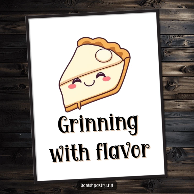 Funny pie slice digital art print of a joyful pie character with a happy grin taking a bite, ready to add dessert humor.