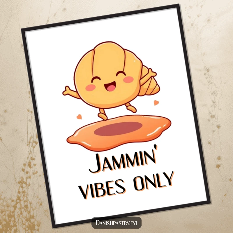 Funny digital art print of a smiling croissant with legs, leaping over a jam puddle. Instant humorous pastry illustration.