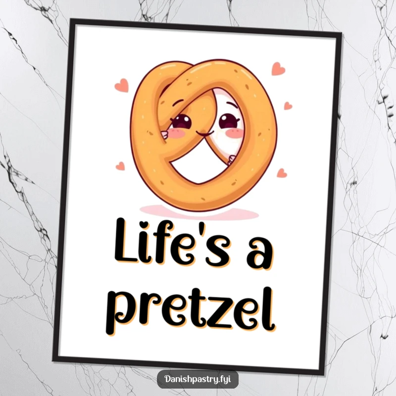Funny digital art print of a happy pretzel character twisting playfully, offering instant, cheerful, and snack-themed visual delight.