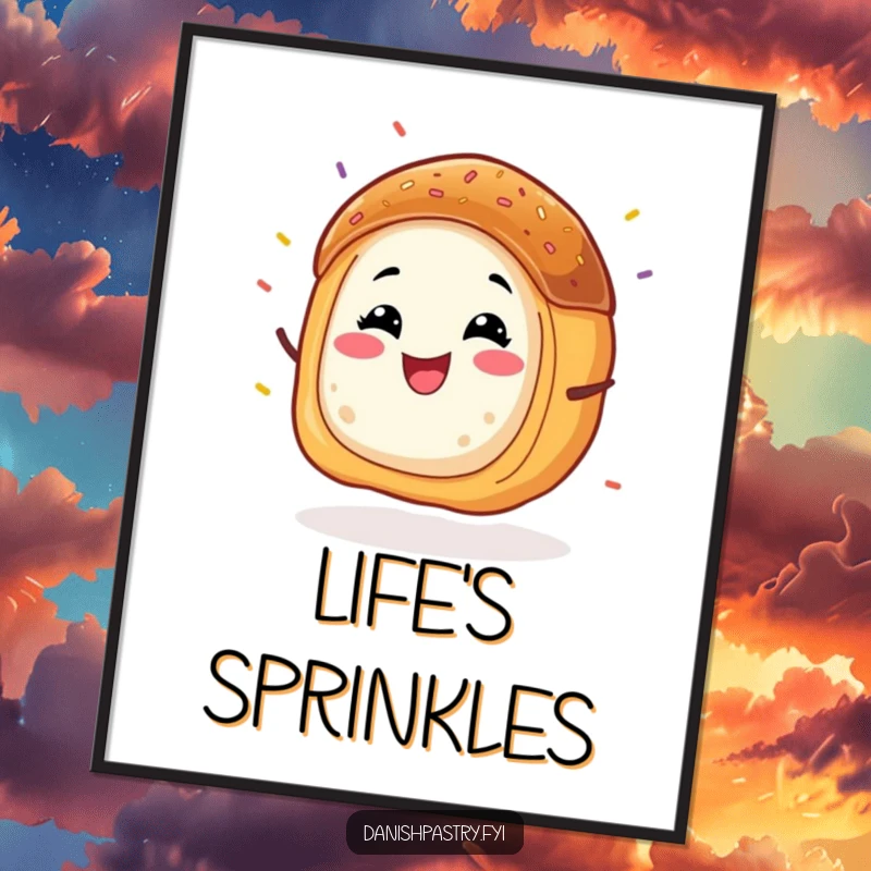 Funny Danish pastry digital art print, a grinning character energetically wiggling with sprinkles flying, for instant cheerful decor.