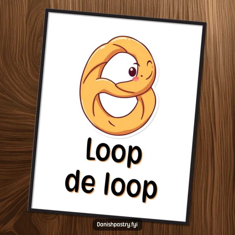 Funny digital art print of a grinning pretzel spinning dynamically. Instant humorous snack-themed wall art.