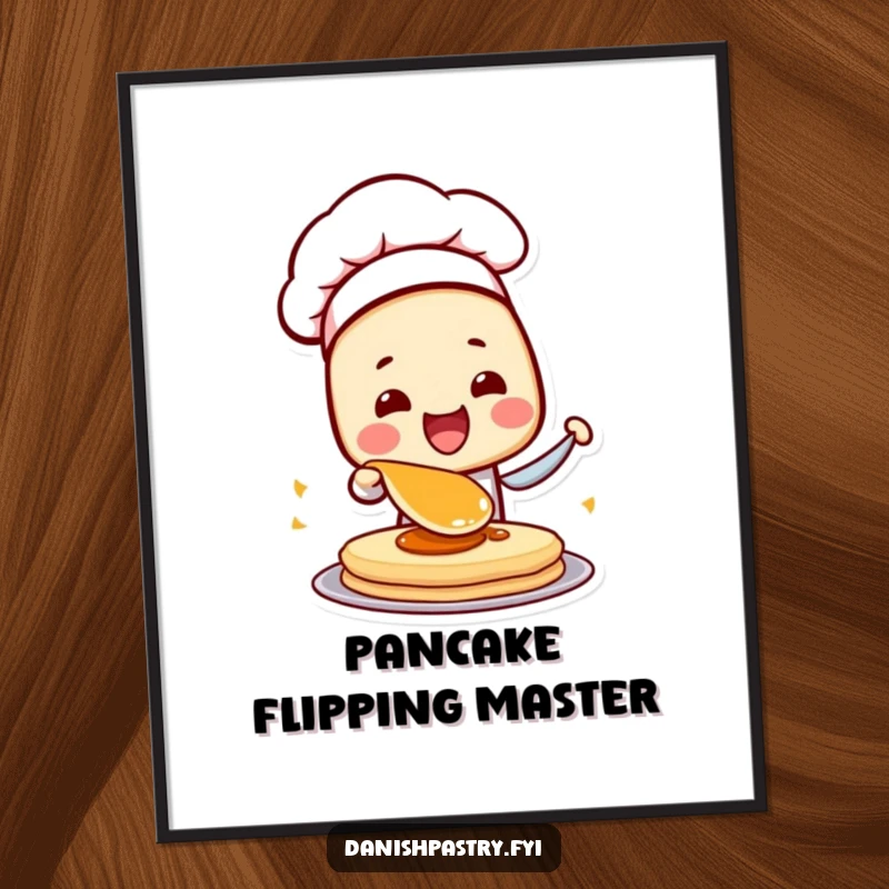 Funny Danish Pastry Chef Digital Art Print of a character flipping a pancake, perfect for immediate humorous culinary wall decor.