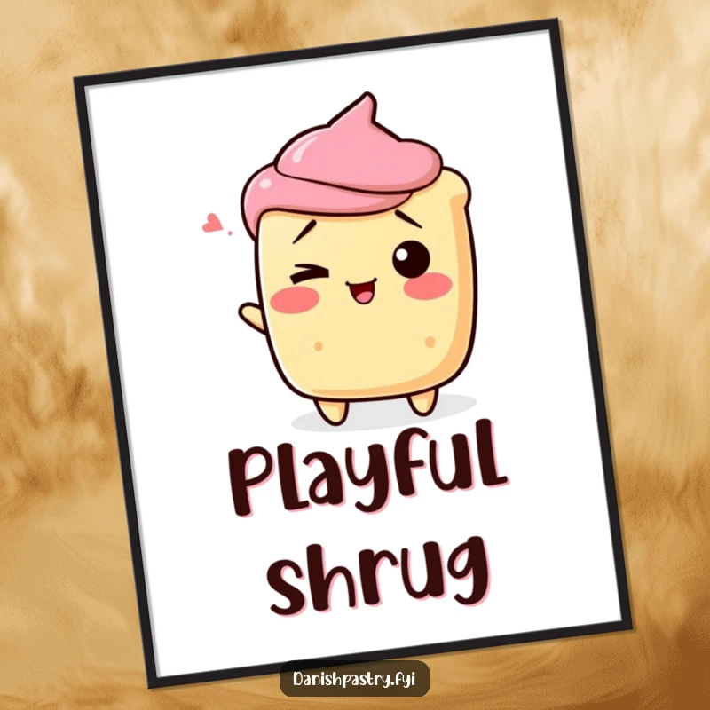 Funny scone character shrugging playfully with a wink, as a hilarious dessert art print.