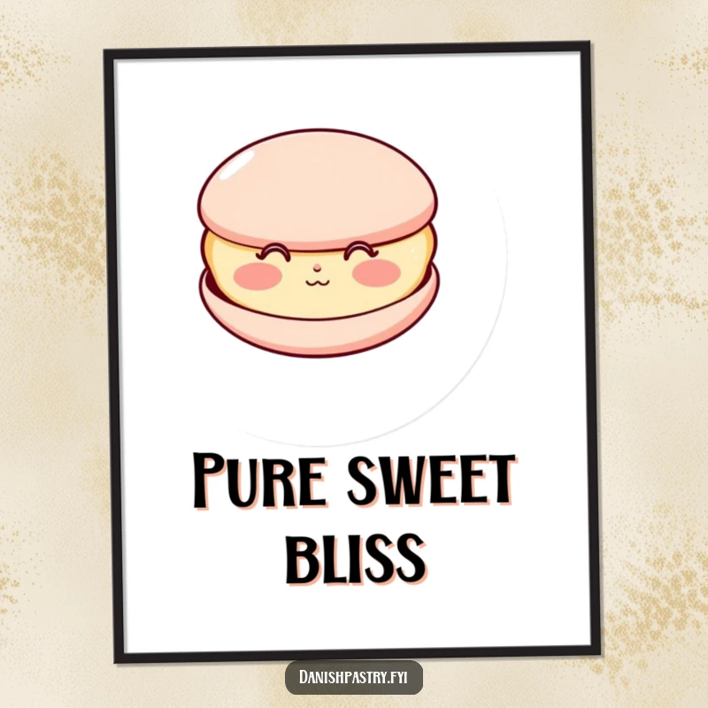 Funny digital art print of a happy macaron with rosy cheeks, blowing a kiss, ready for instant download and sweet decor.