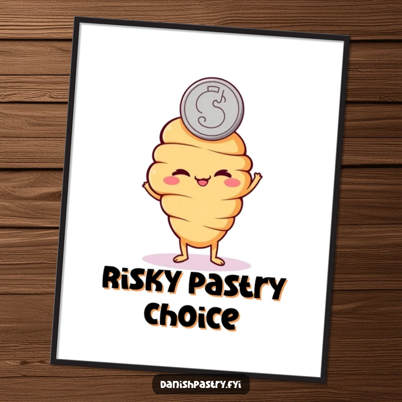 Funny digital art print of a mischievous croissant character flipping a coin with a grin, ideal for playful decor.