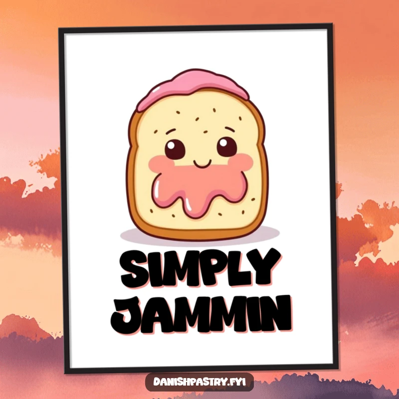 Funny Digital Art Print of a smiling scone with jam, blushing and waving shyly, ready for download.