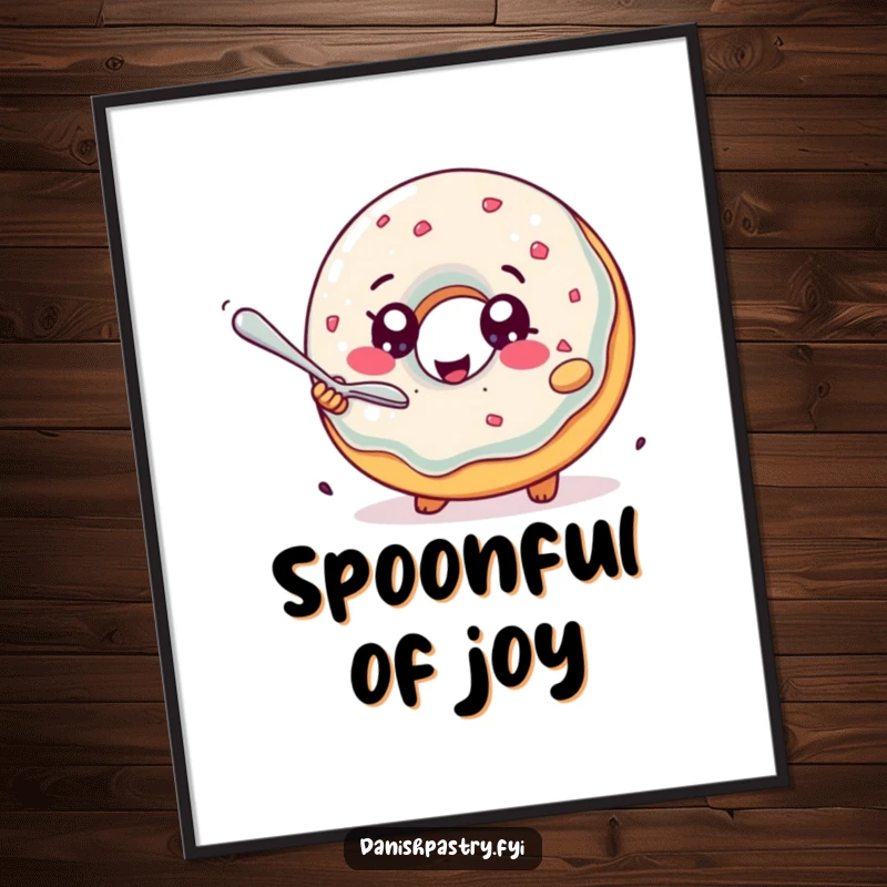 Funny Digital Art Print: A delighted jelly donut with sparkling eyes humorously pursues a tiny spoon, a charming and downloadable artwork.