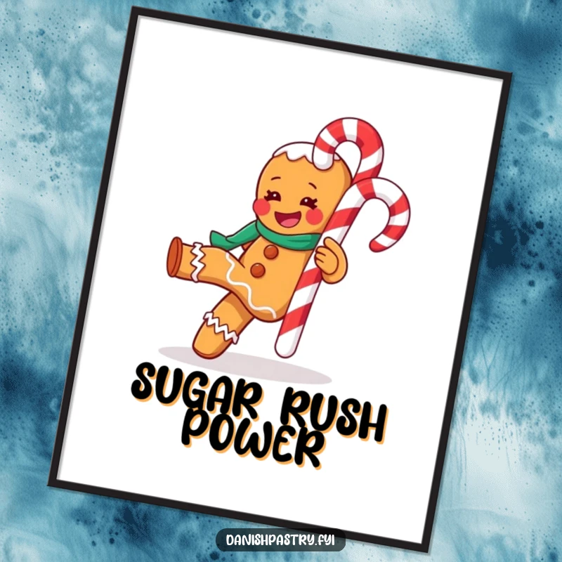 Funny digital art print of a gleeful gingerbread man kicking a candy cane, ready to bring instant holiday cheer.
