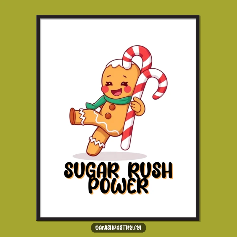 Funny Gleeful Gingerbread Man Kicking Candy Cane Digital Art Print - Instant Holiday Cheer Gift