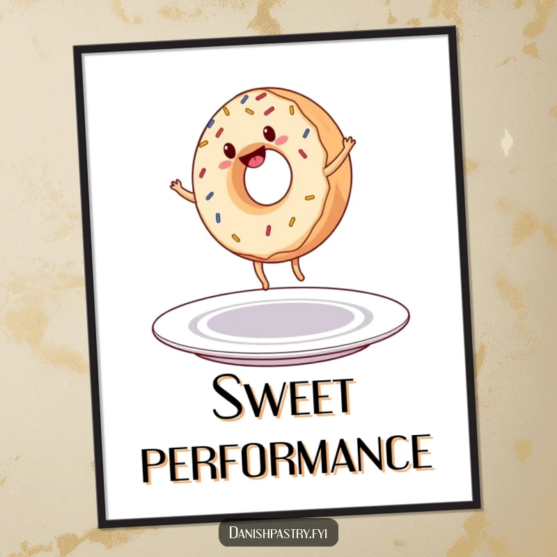 Funny Digital Art: A cheerful donut with sprinkles does a cartwheel on a plate, perfect for adding instant sweet humor.