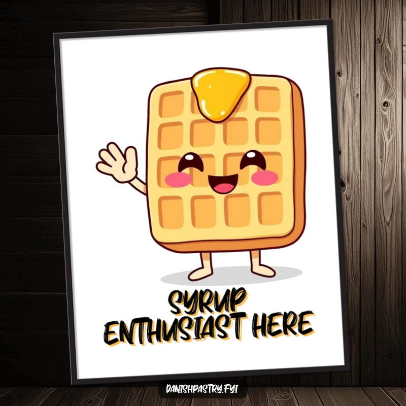 Funny digital art print of a smiling waffle with dripping syrup, waving enthusiastically, perfect for instant download.