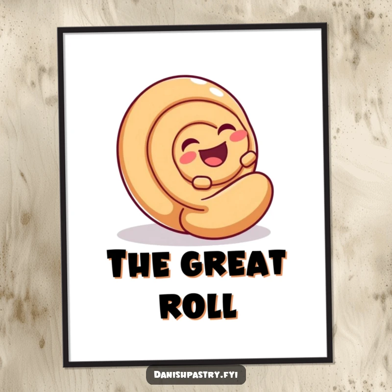 Funny Cinnamon Roll Roll Digital Art Print: a laughing cinnamon roll rolling, offering instant humorous pastry decor.
