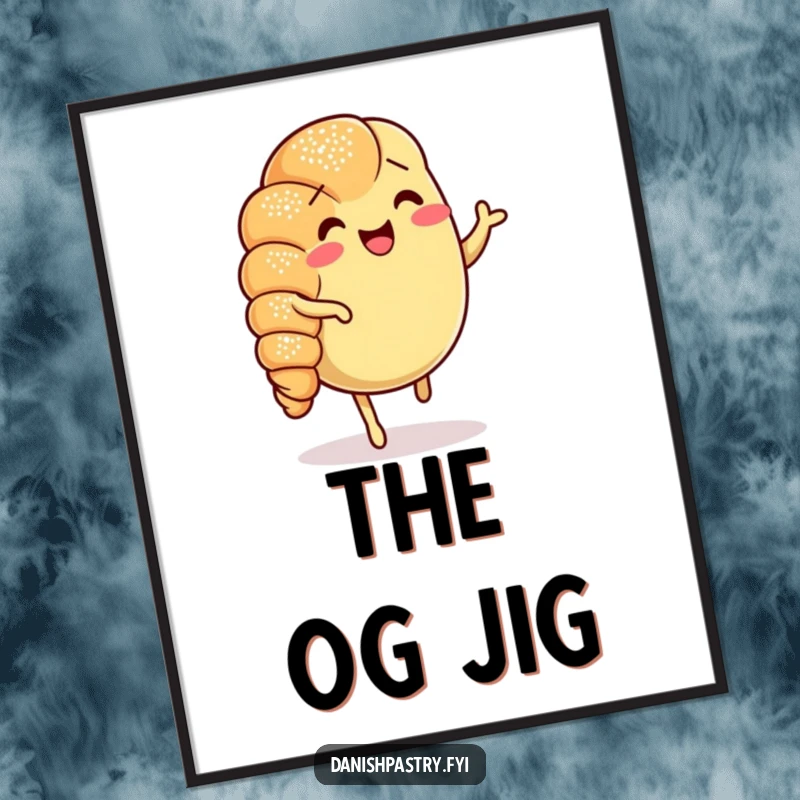 Funny Croissant Jig Digital Art Print: a cheerful, dancing croissant dusted with sugar, offering instant humorous decor.