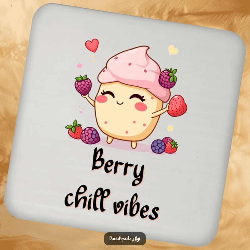 Funny muffin winking and juggling berries, printed on a protective drink coaster, adding a humorous accent to any tabletop.