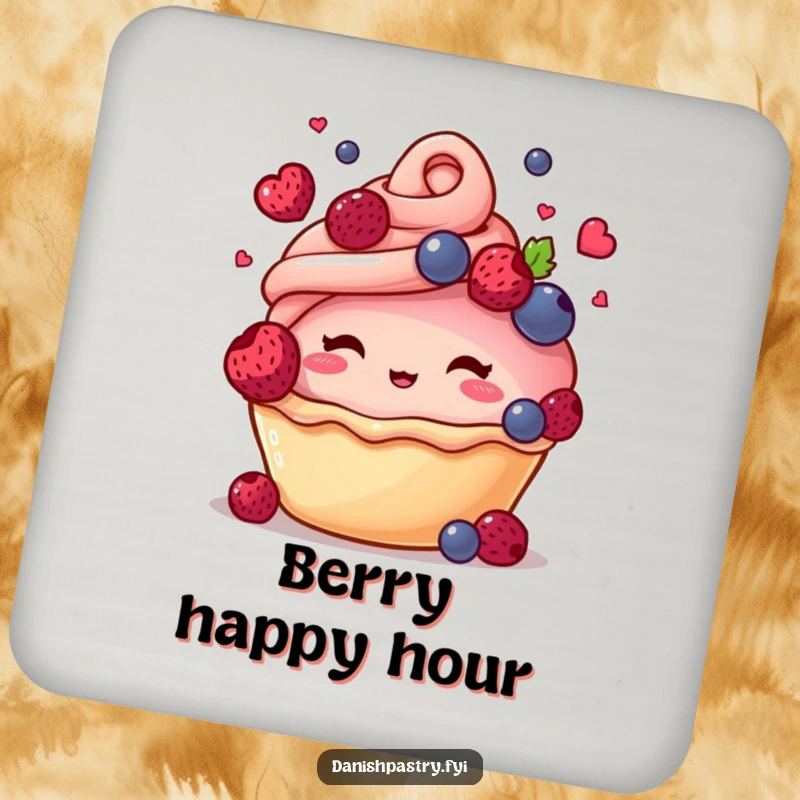 Funny drink coaster with a blushing pastry character juggling berries, protecting surfaces with a humorous design.
