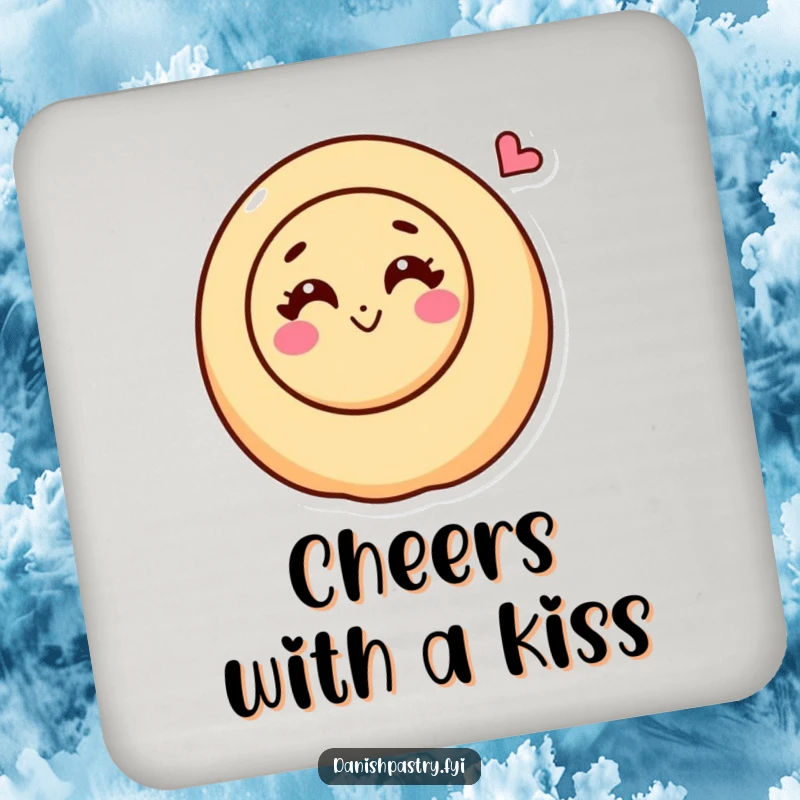 Funny cinnamon roll character with a happy swirl blowing a kiss on a drink coaster, adding a touch of sweet charm.