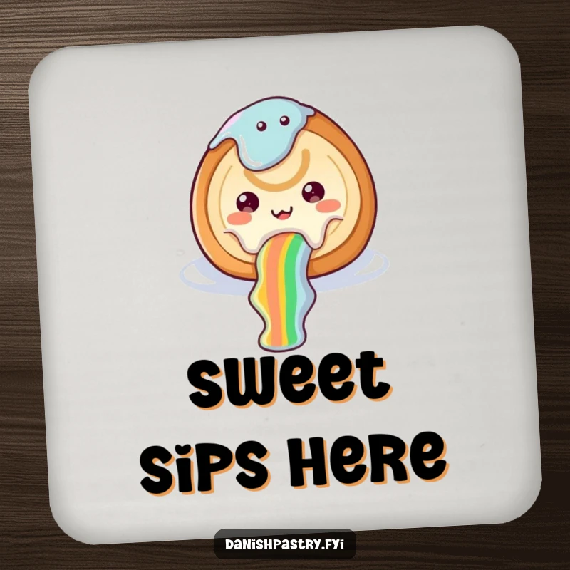 Funny cinnamon roll drink coaster with icing sliding down a rainbow, adding sweet and whimsical humor.