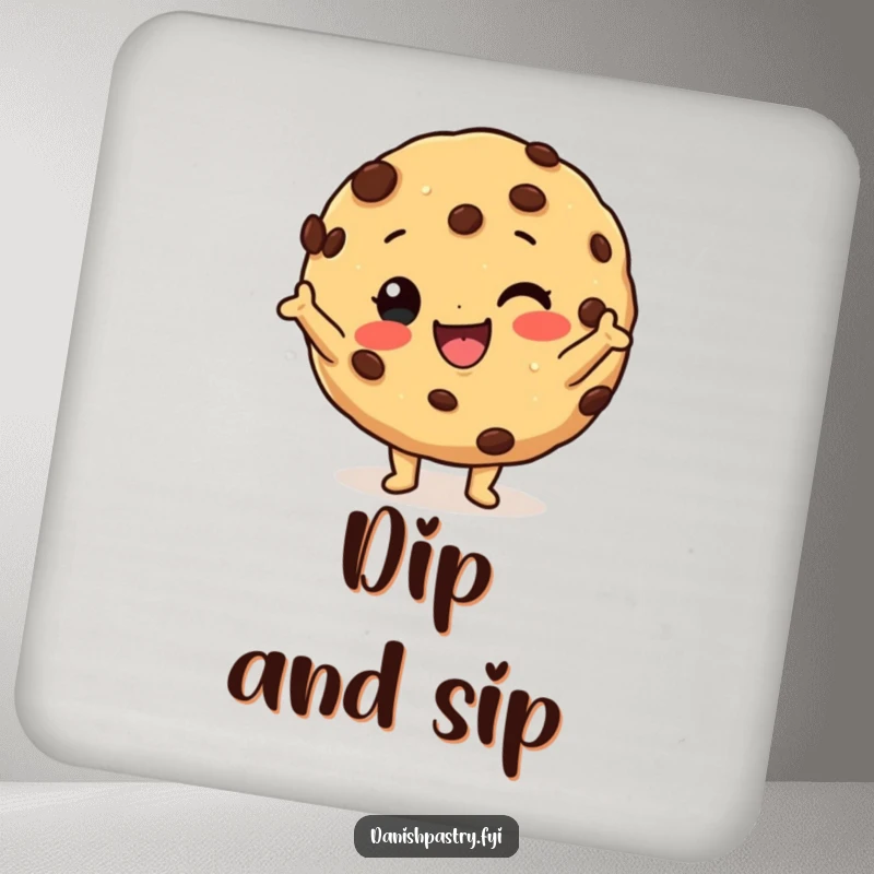 Funny cookie drink coaster featuring a happy cookie character with chocolate chips striking a silly pose, adding sweet humor.