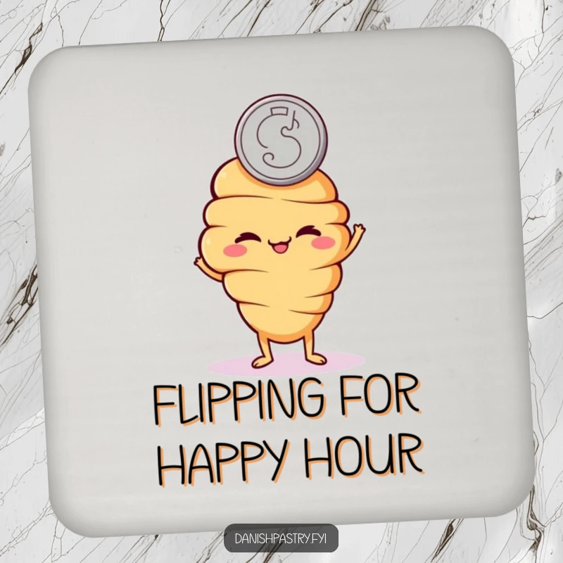 Funny drink coaster featuring a mischievous croissant character flipping a coin, adding playful humor to any table.