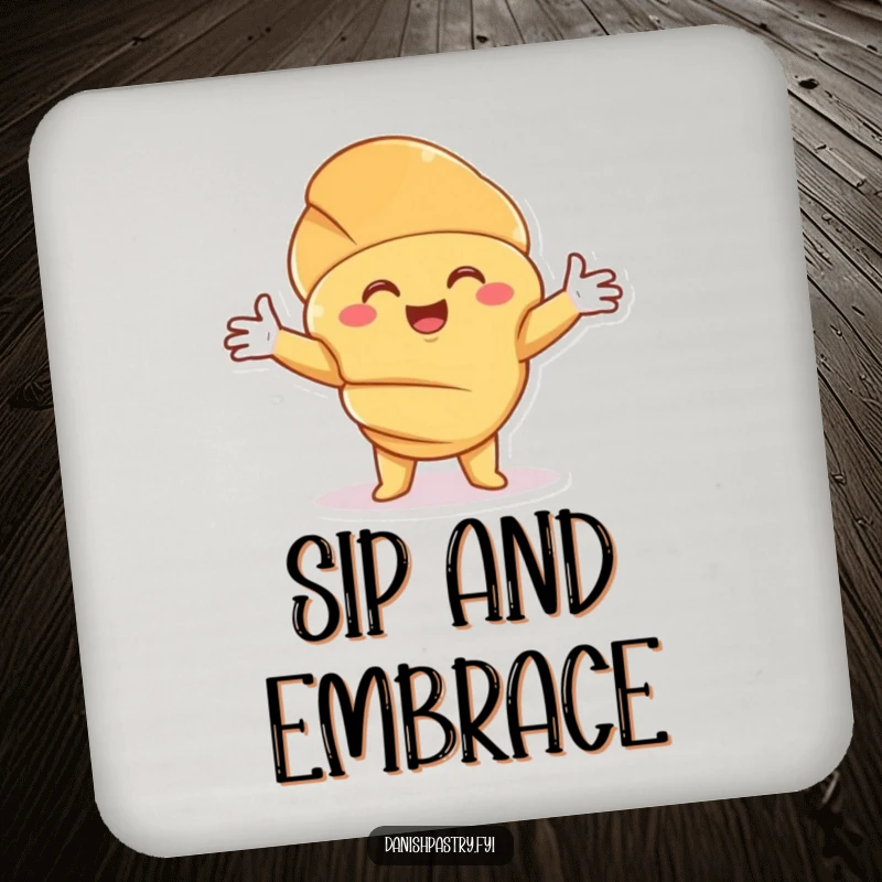 Funny Croissant Hug Coaster featuring a smiling character offering an embrace, providing warm comfort and humor to any surface.