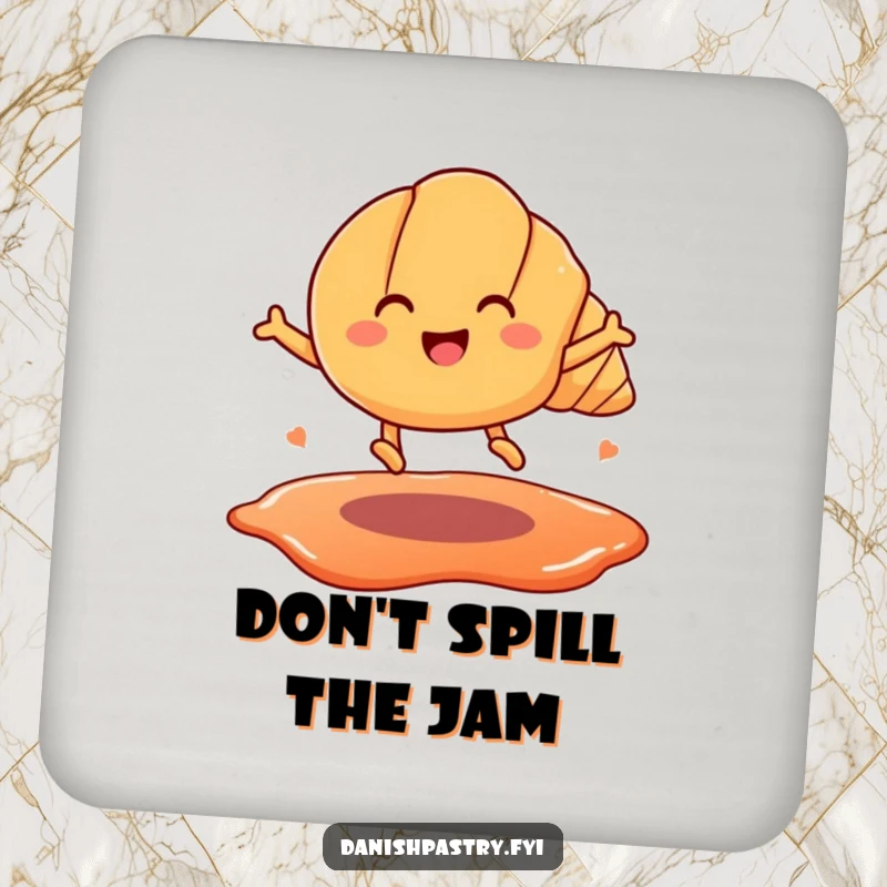 Funny drink coaster with a smiling croissant on legs, jumping over a jam puddle. Small, humorous pastry art for tables.