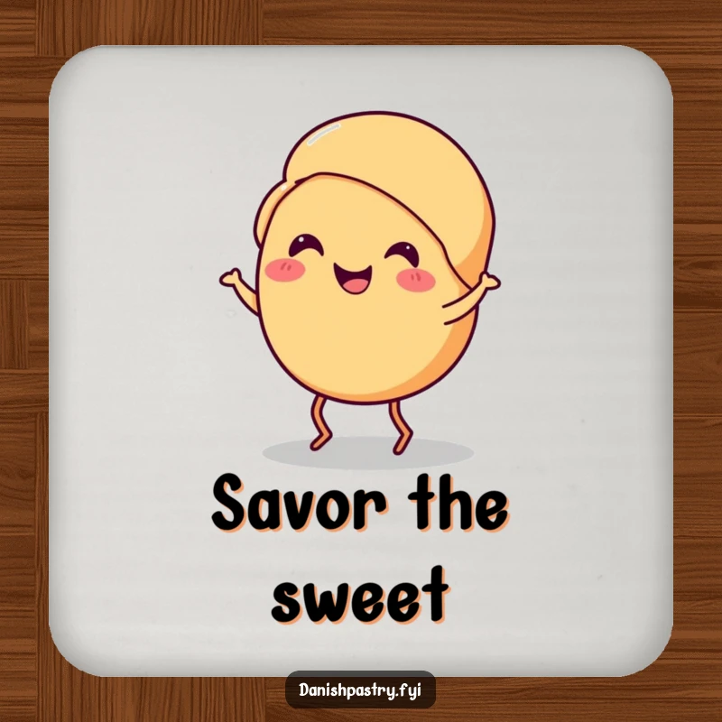 Funny croissant coaster with a smiling croissant with tiny legs doing a cheerful jig, perfect for tables and gift.