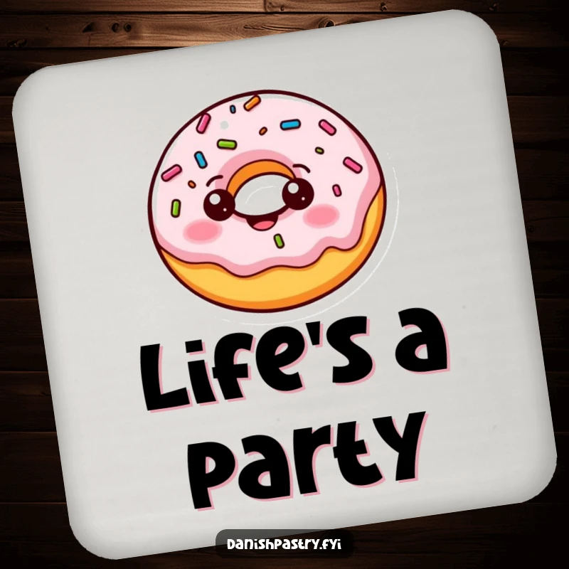 Funny donut coasters, featuring a cheerful character doing a playful bounce with wobbling sprinkles, adding sweet protection.