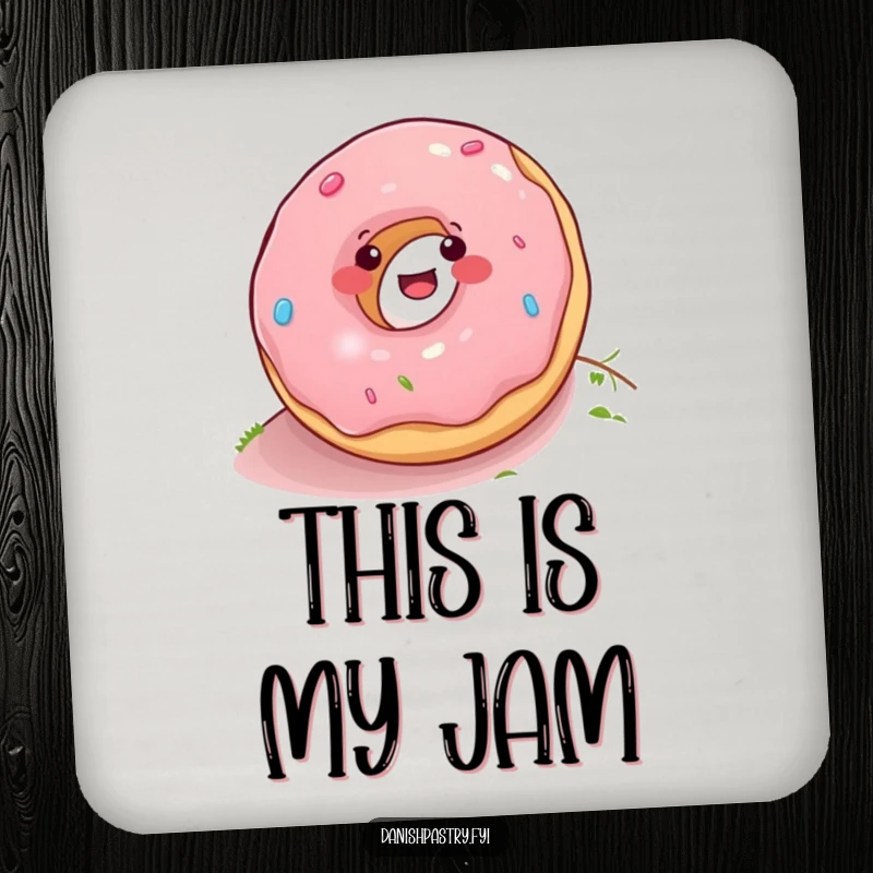 Funny donut rolling down a hill, printed on a protective drink coaster, adding a humorous element to any tabletop.