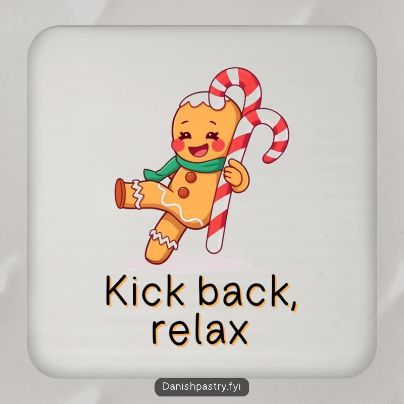 Funny drink coaster featuring a gleeful gingerbread man kicking a candy cane, adding holiday cheer to any surface.