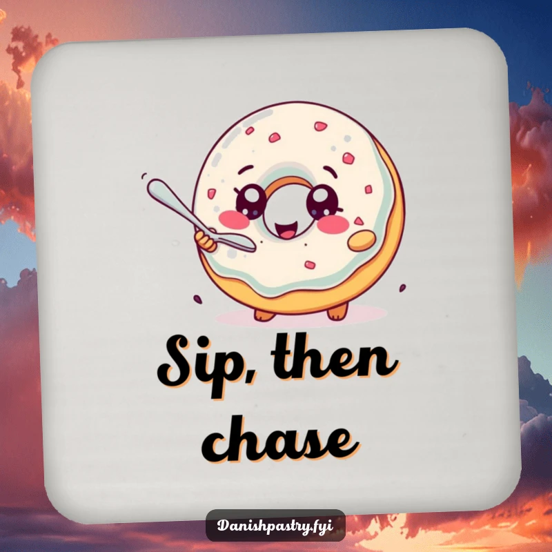 Funny Drink Coaster: A delighted jelly donut with sparkling eyes hilariously chases a tiny spoon, a humorous and protective table accessory.