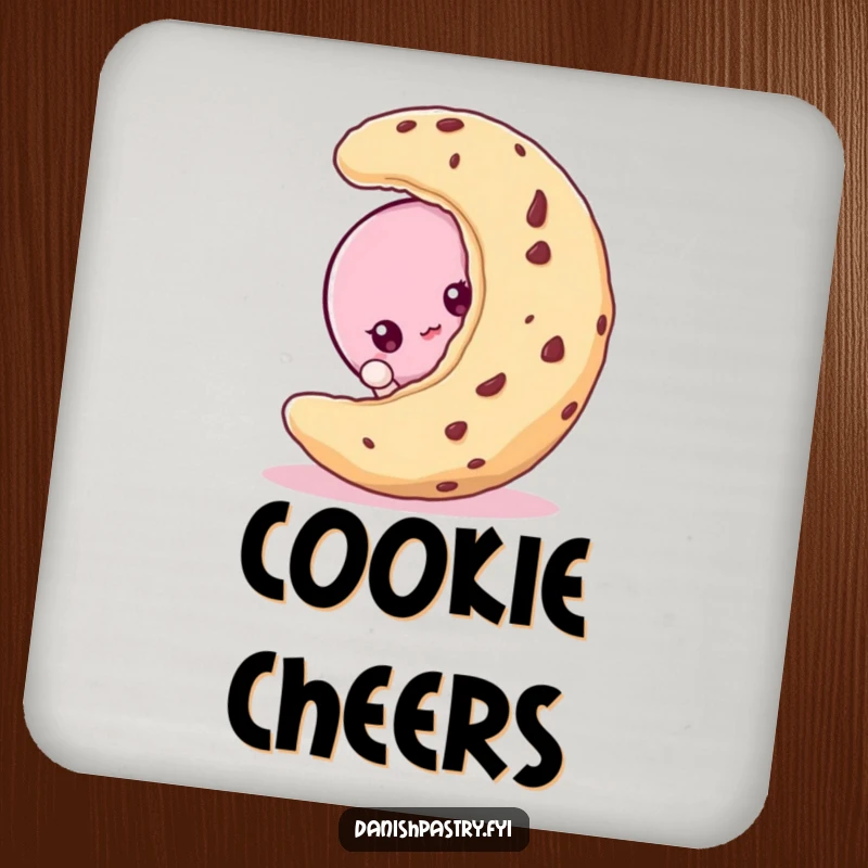 Funny macaroon character peeking from behind a cookie, on a curious and hilarious dessert drink coaster.