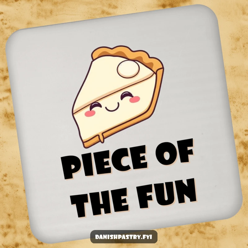 Funny pie slice drink coaster featuring a joyful pie character with a happy grin taking a bite, adding sweet humor.