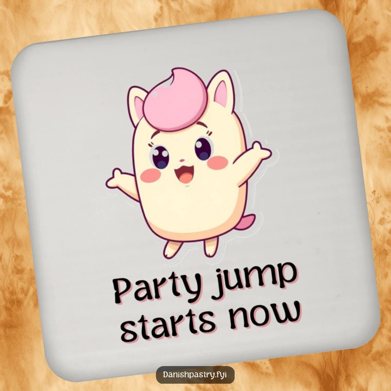 Funny Twinkie coasters, excited character jumping with wide eyes, protecting surfaces with humorous flair.