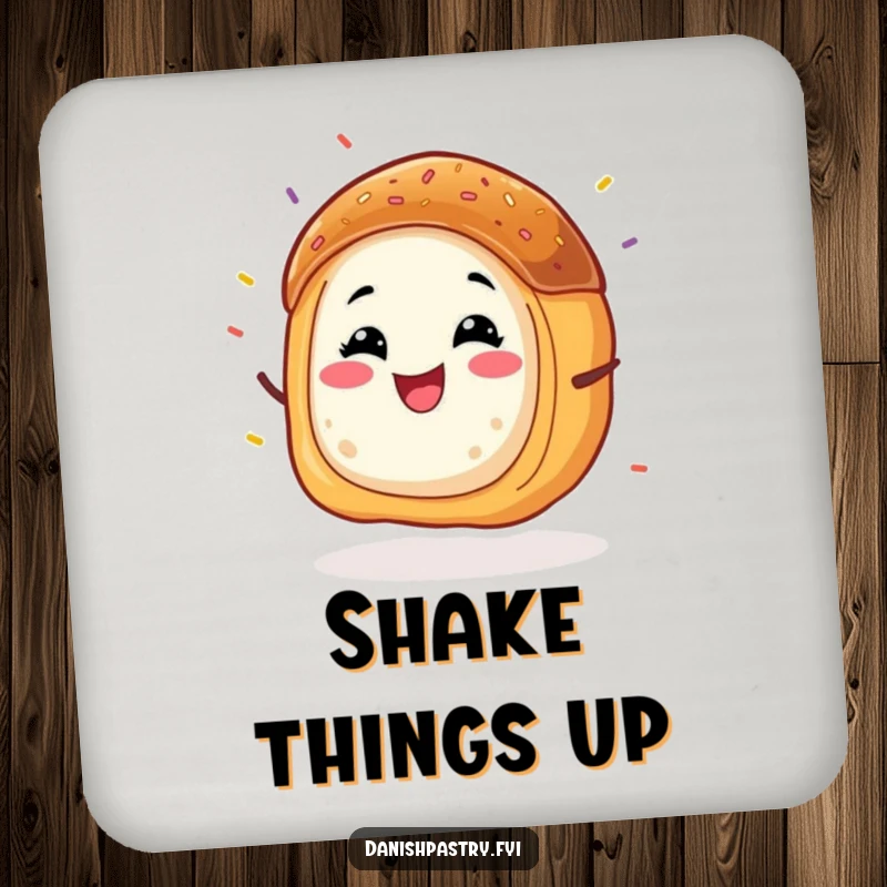 Funny Danish pastry coasters, featuring a grinning character energetically wiggling with sprinkles flying, adding fun and protection.