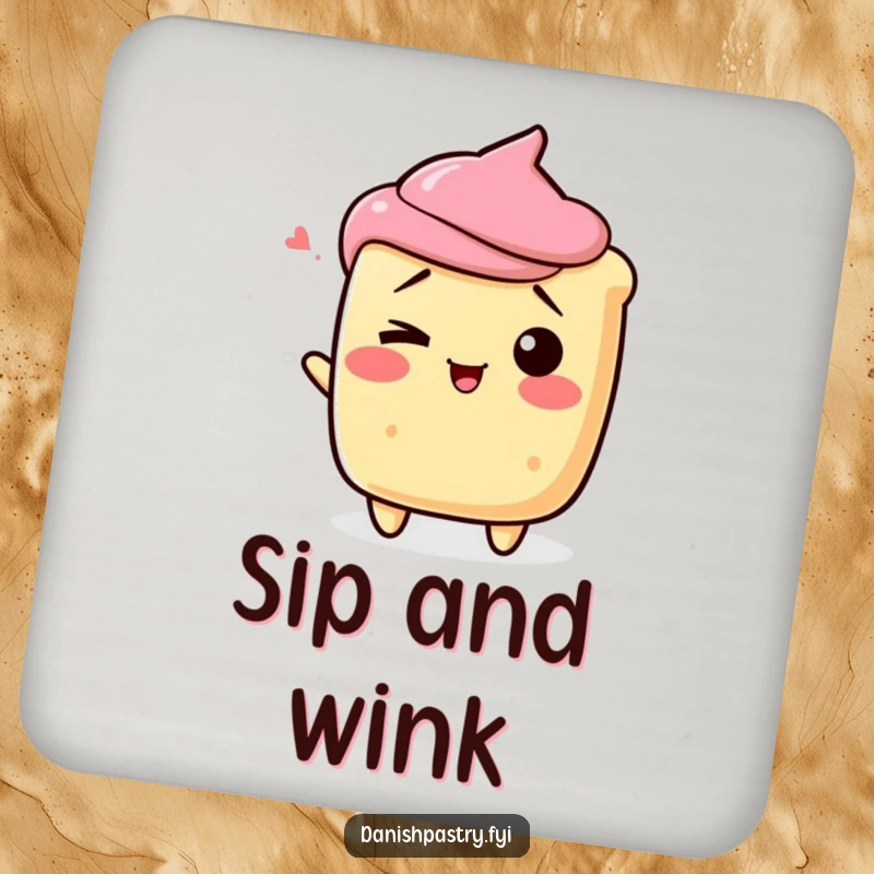 Funny scone character shrugging playfully with a wink, on a hilarious dessert drink coaster.