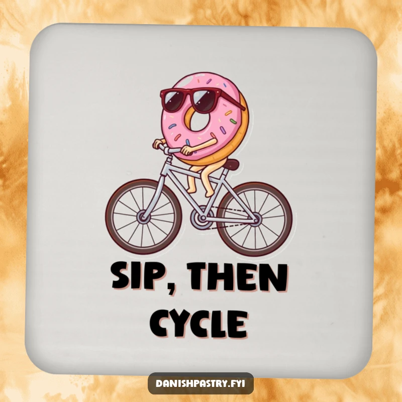Funny donut wearing sunglasses riding a bicycle made of icing streaks, humorous coasters to protect surfaces with a smile.
