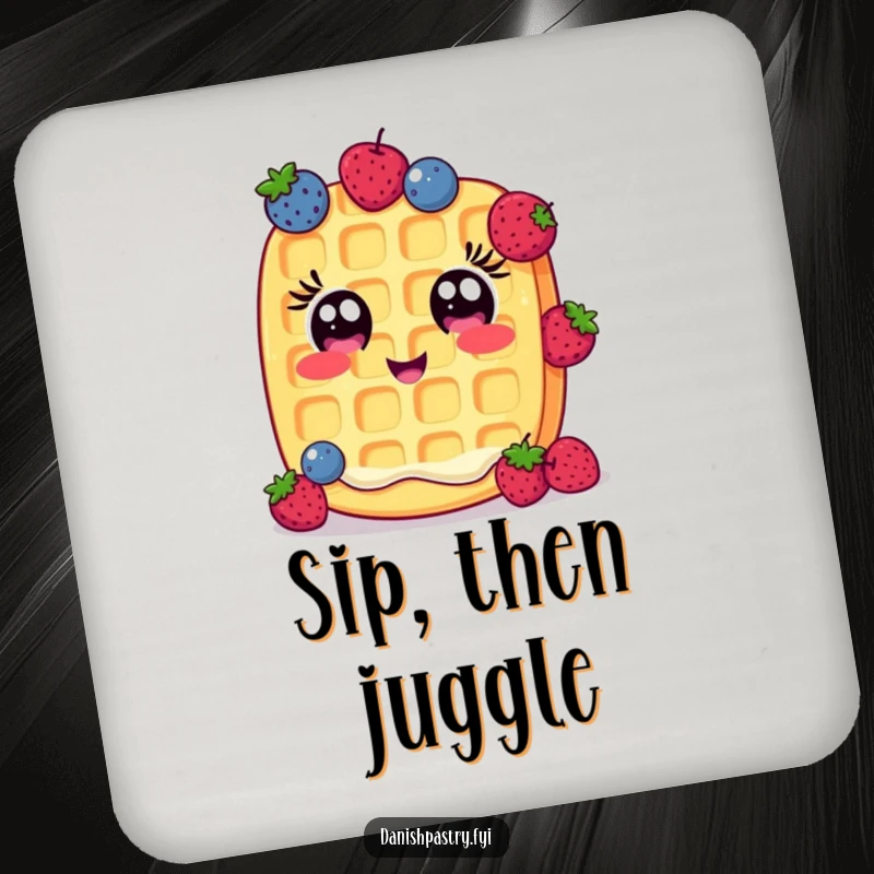 Funny Drink Coaster: A cheerful waffle with wide eyes humorously juggles small berries, a whimsical and protective table accessory.