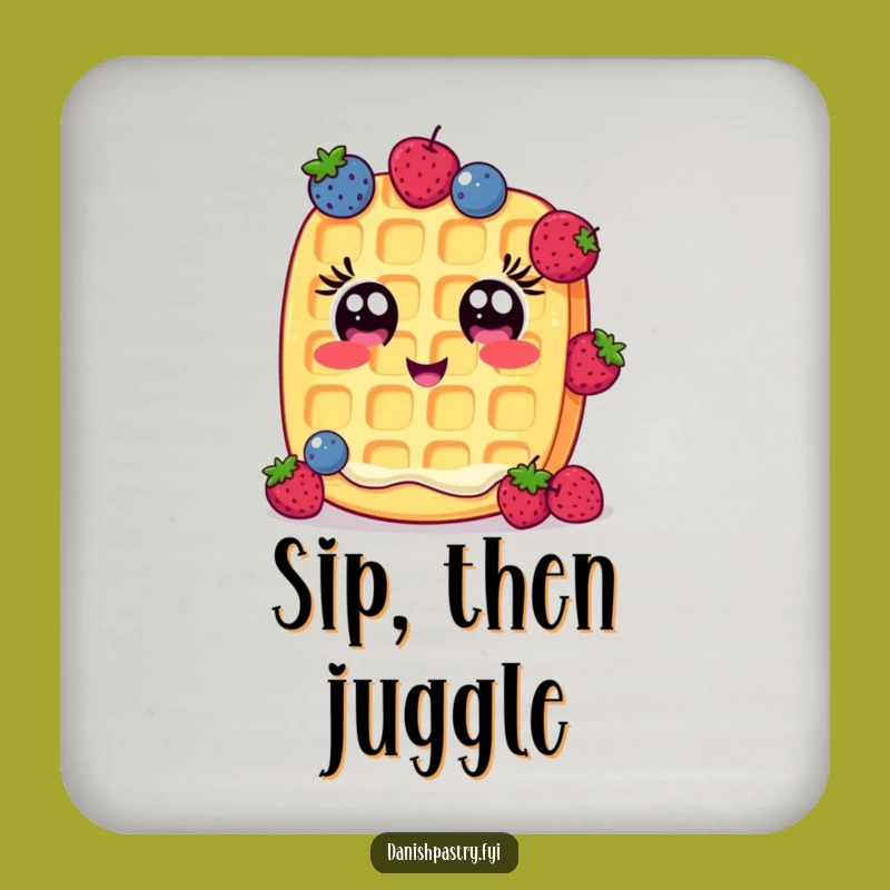 Funny Waffle Drink Coaster: Cheerful Berry Juggler, Protect Surfaces with Humor