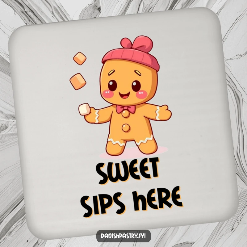 Funny cheerful gingerbread man character juggling sugar cubes, on drink coasters, adding sweet humor to tabletops.