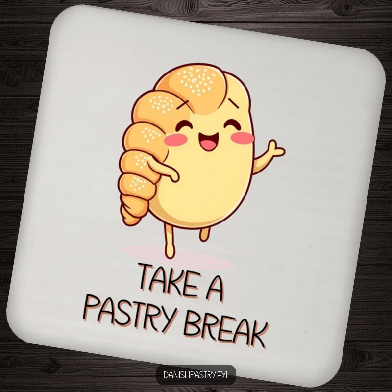 Funny Croissant Jig Coaster featuring a happy, dancing croissant, perfect for protecting furniture with humorous pastry art.