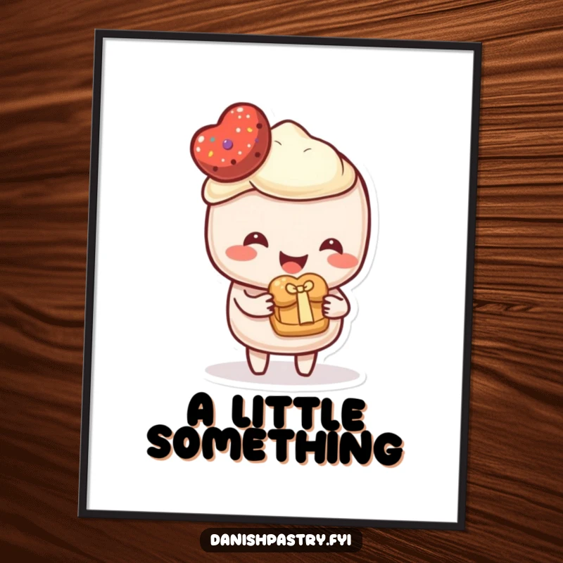 Funny Poster of a happy pastry character offering a miniature pastry as a thoughtful gift. Heartwarming and humorous wall art.