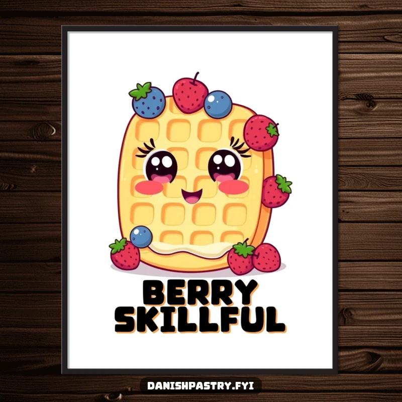 Funny Poster: A cheerful waffle with wide eyes humorously juggles small berries, a whimsical and eye-catching wall decoration.