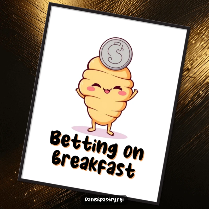 Funny poster of a mischievous croissant character flipping a coin with a grin, ideal for playful wall decor.