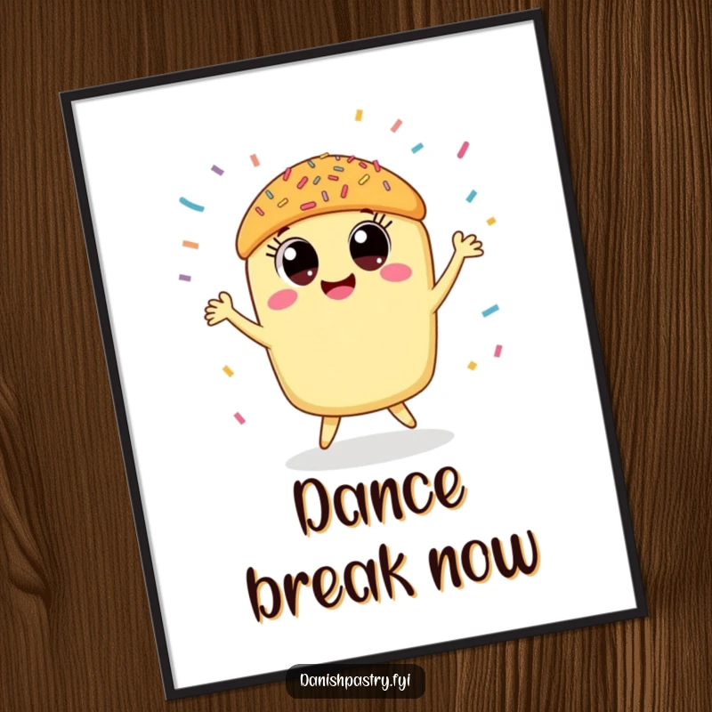 Funny pastry poster featuring a smiling pastry doing a happy dance under a sprinkle shower, creating a cheerful wall art piece.