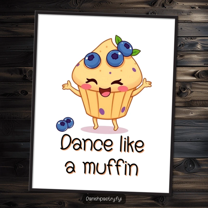 Funny poster displaying a winking muffin with blueberries, happily dancing, bringing cheerful charm and a touch of whimsical humor to any room.
