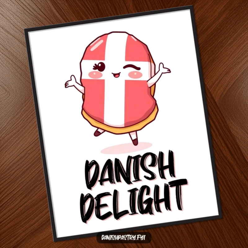 Funny Danish Flag Pastry Pirouette Poster featuring a winking pastry doing a pirouette, adding humorous art to decor.
