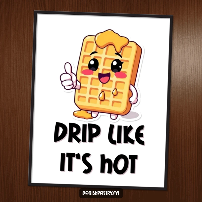 Funny Waffle Poster with dripping syrup giving a thumbs-up, a vibrant and humorous piece of breakfast-themed wall art.