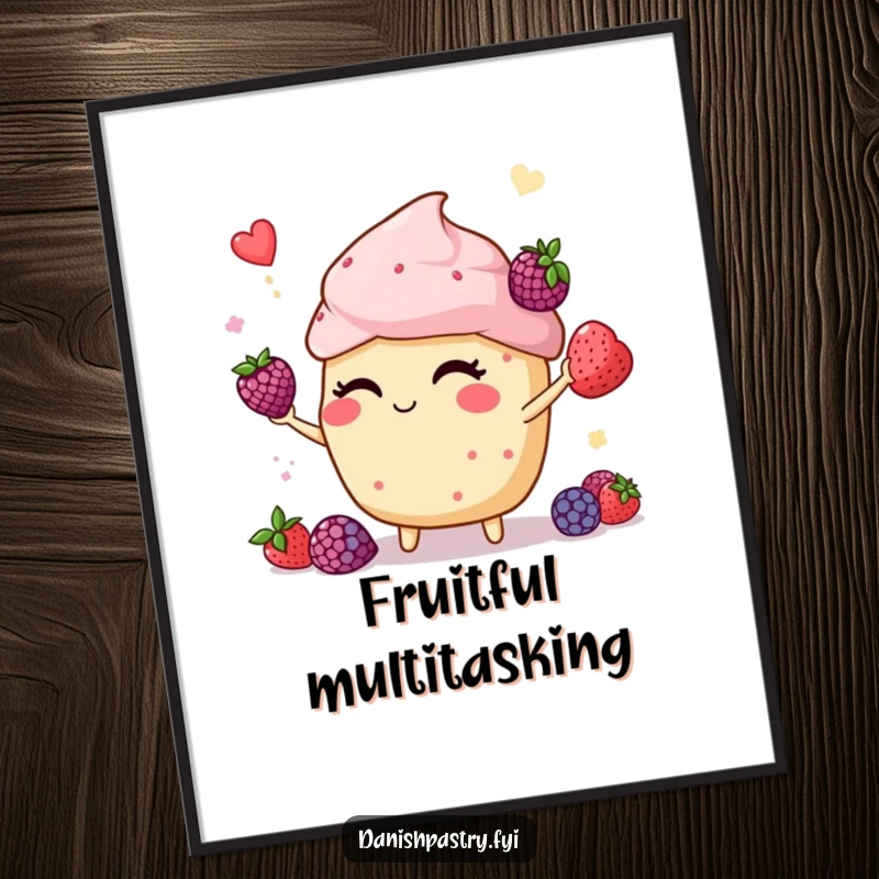 Funny muffin winking and juggling berries, presented as cheerful wall art for a playful kitchen atmosphere.